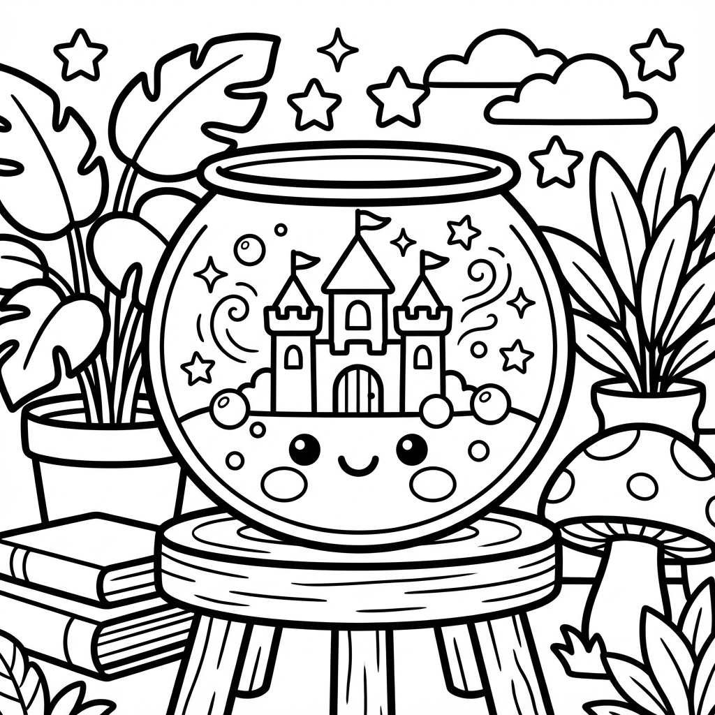 Magical castle inside a cute fishbowl, ideal for simple coloring pages with thick lines.